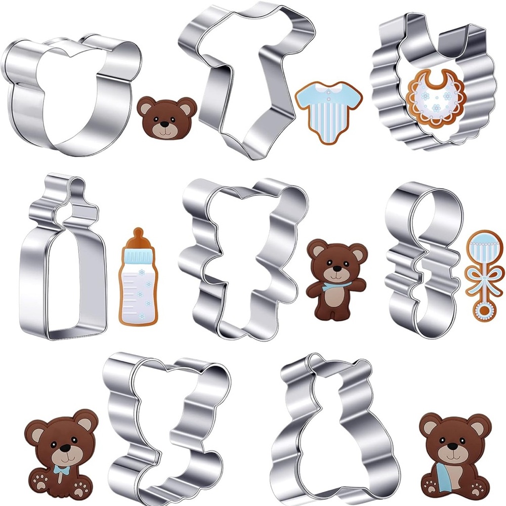 8PC Stainless Steel Silver Cookie Cutter Set with Bear Designs